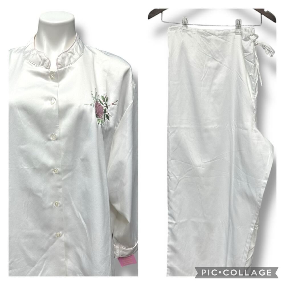 Kay Anna Pajama Set Brushed Back Satin White Embroidered Floral Cottage 3X New